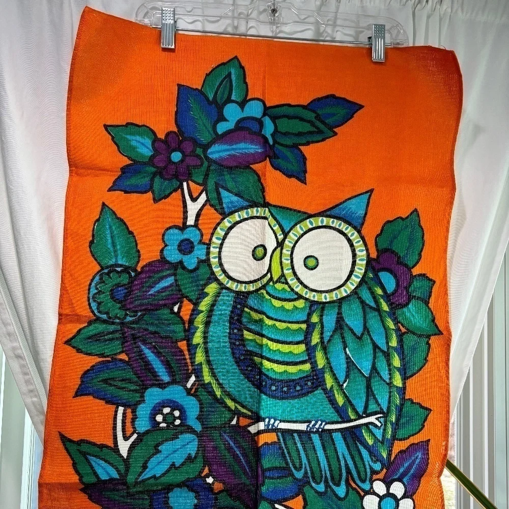 Vintage 1960s Irish Linen Wise Owl Textile Wall Hanging